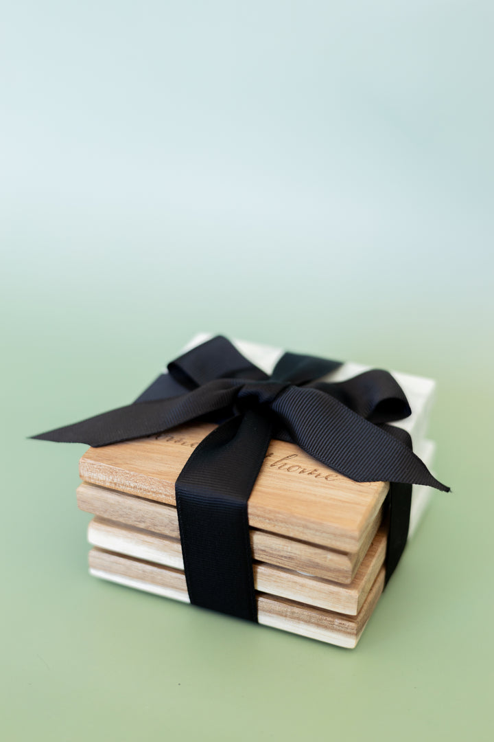 Personalized Square Marble & Acacia Coasters