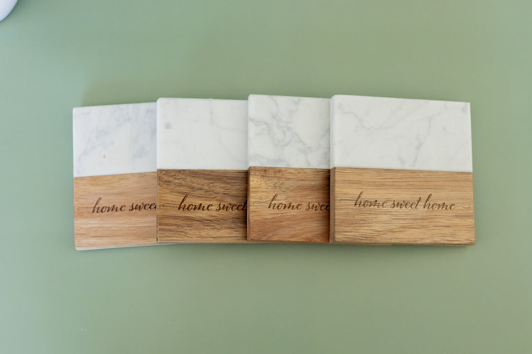 Personalized Square Marble & Acacia Coasters
