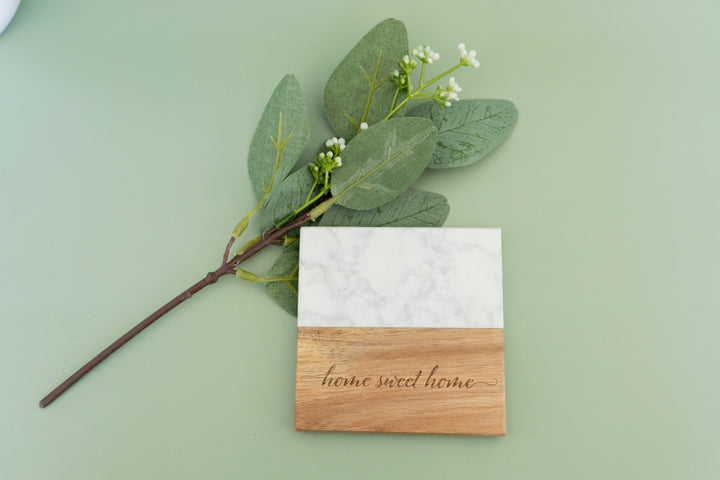 Personalized Square Marble & Acacia Coasters