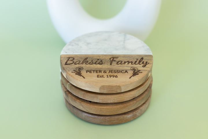 Personalized Circle Marble & Acacia Coasters