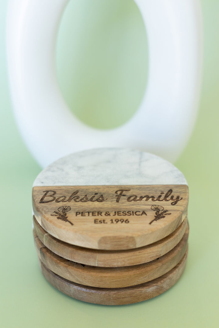 Personalized Circle Marble & Acacia Coasters