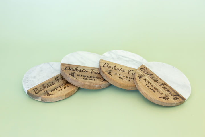 Personalized Circle Marble & Acacia Coasters