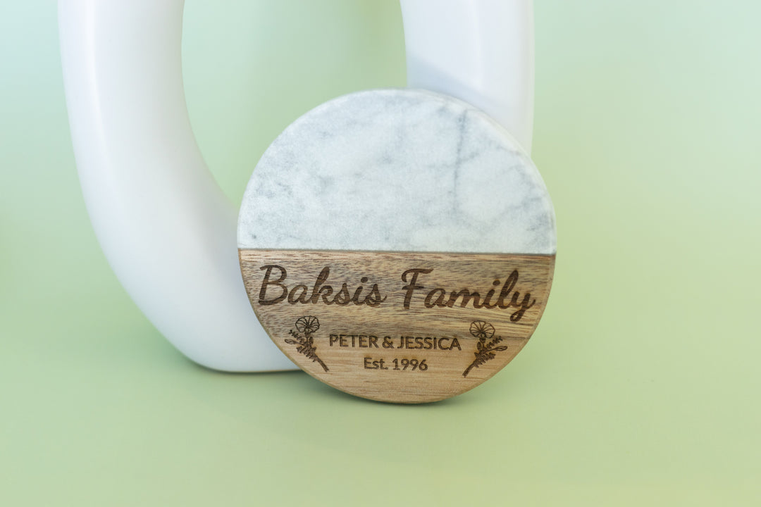 Personalized Circle Marble & Acacia Coasters