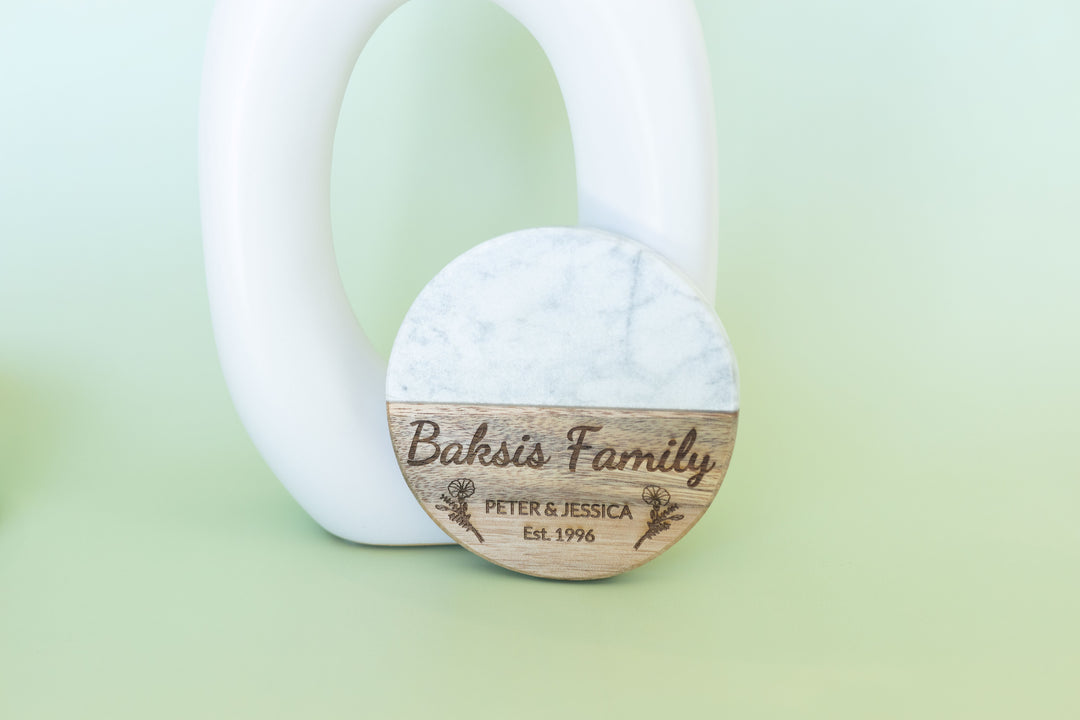 Personalized Circle Marble & Acacia Coasters