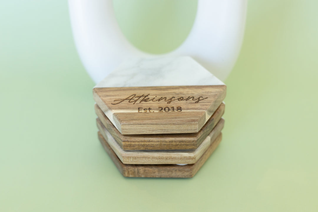 Personalized Hexagon Marble & Acacia Coasters