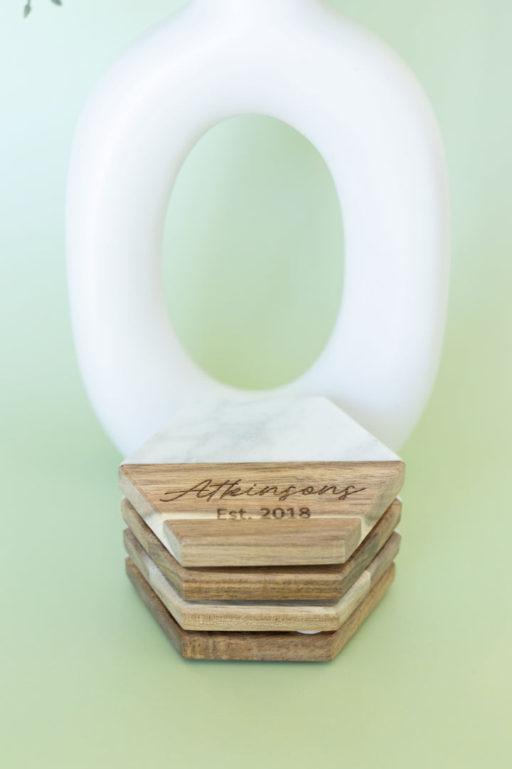 Personalized Hexagon Marble & Acacia Coasters