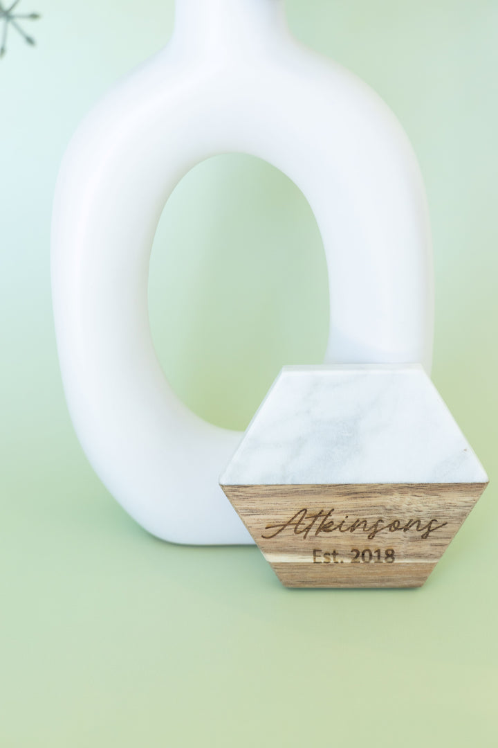 Personalized Hexagon Marble & Acacia Coasters