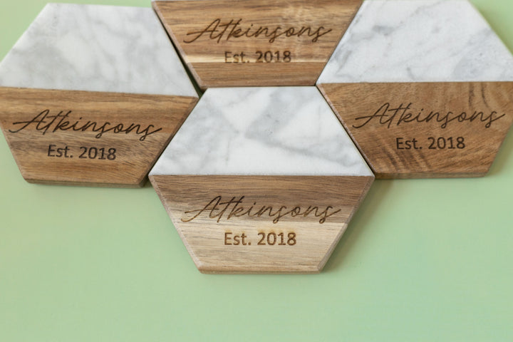 Personalized Hexagon Marble & Acacia Coasters