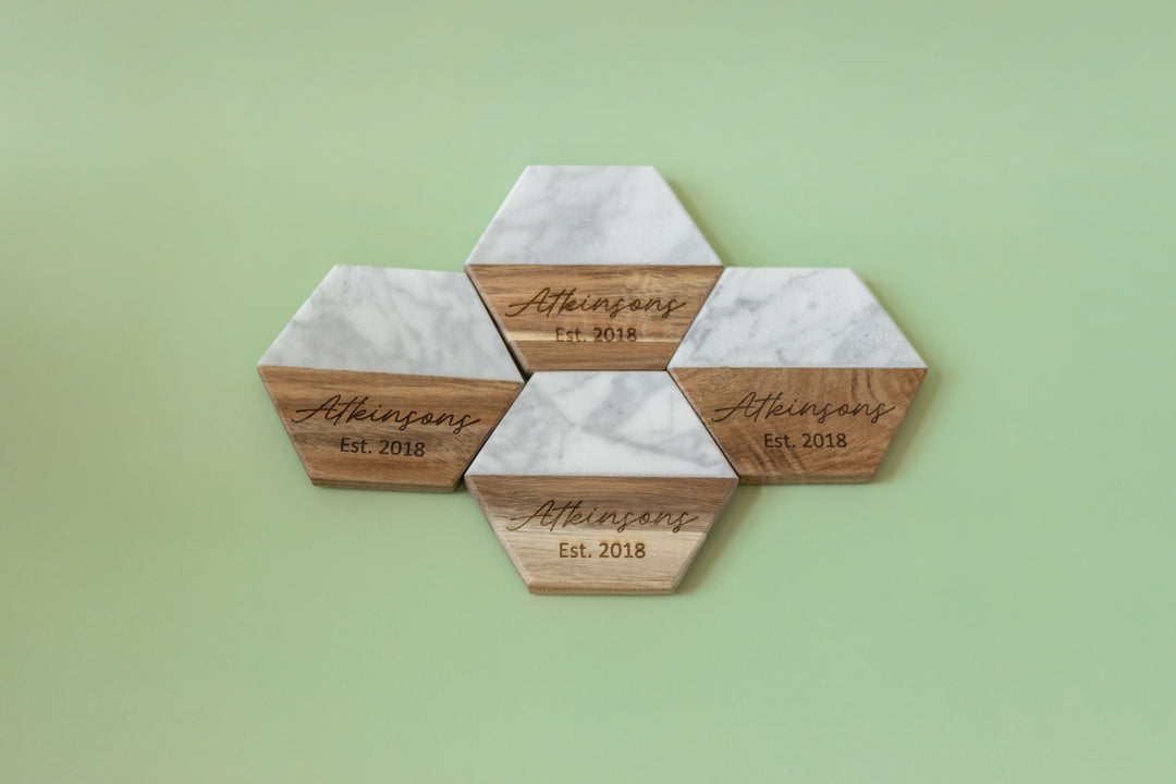 Personalized Hexagon Marble & Acacia Coasters