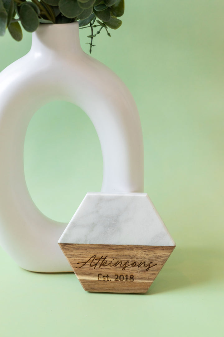 Personalized Hexagon Marble & Acacia Coasters